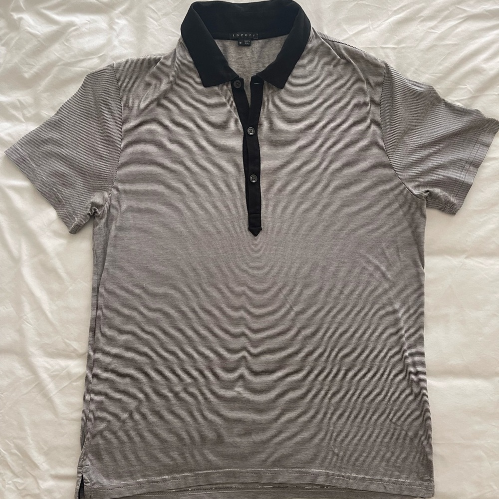 Theory Men’s Short Sleeve Black Striped Polo with Contrast Collar